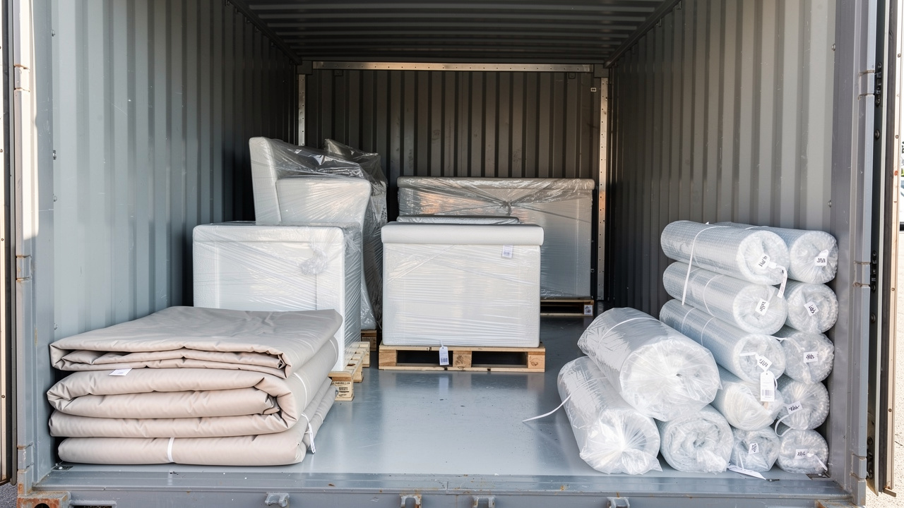 Conteneur de stockage sécurisé ouvert montrant des meubles emballés sur des palettes, dans un environnement propre et ventilé.