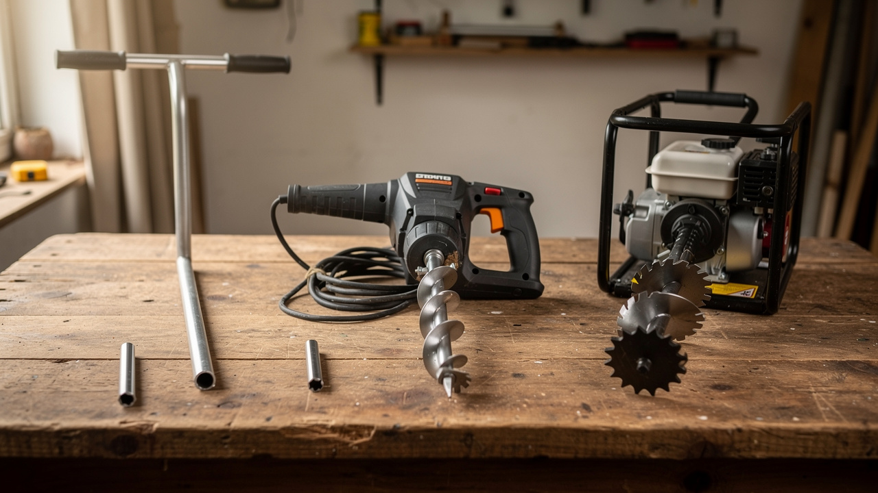 Comparaison de trois tarières de jardin manuelle, électrique et thermique, accompagnées de mèches métalliques de différents diamètres sur un établi en bois.